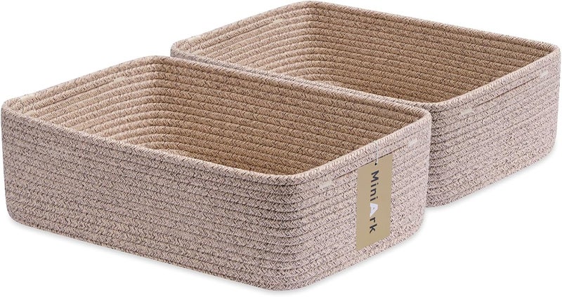 MiniArk Large Shallow Organizing Baskets 15x11x5.1 Inches - Rope Woven Storage Bins for Bathroom, Shelves, Cube Closet, Mixed Brown 2 Packs - Image 1